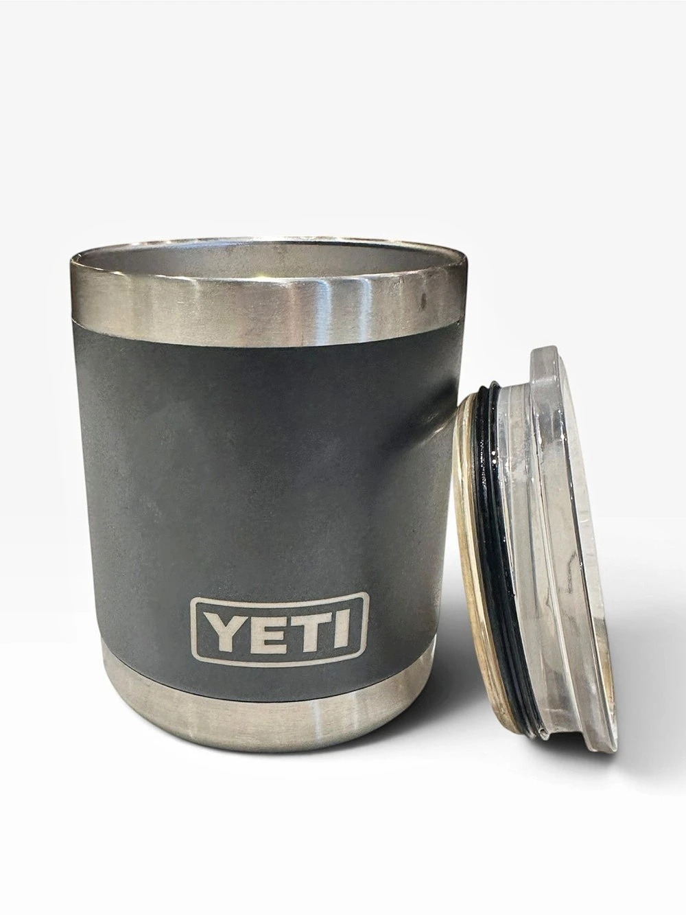 YETI Rambler 10 oz Lowball Black & Stainless With Lid Cup Coffee Tea Hot Cold
